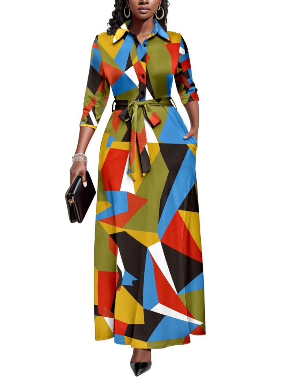 Womens Maxi Dress 3/4 Sleeve Button Down Church Dress with Pockets